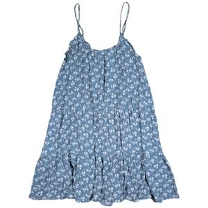 Natural Life Tiered Mini Dress Womens M Blue Floral Rayon Boho Babydoll Cottage